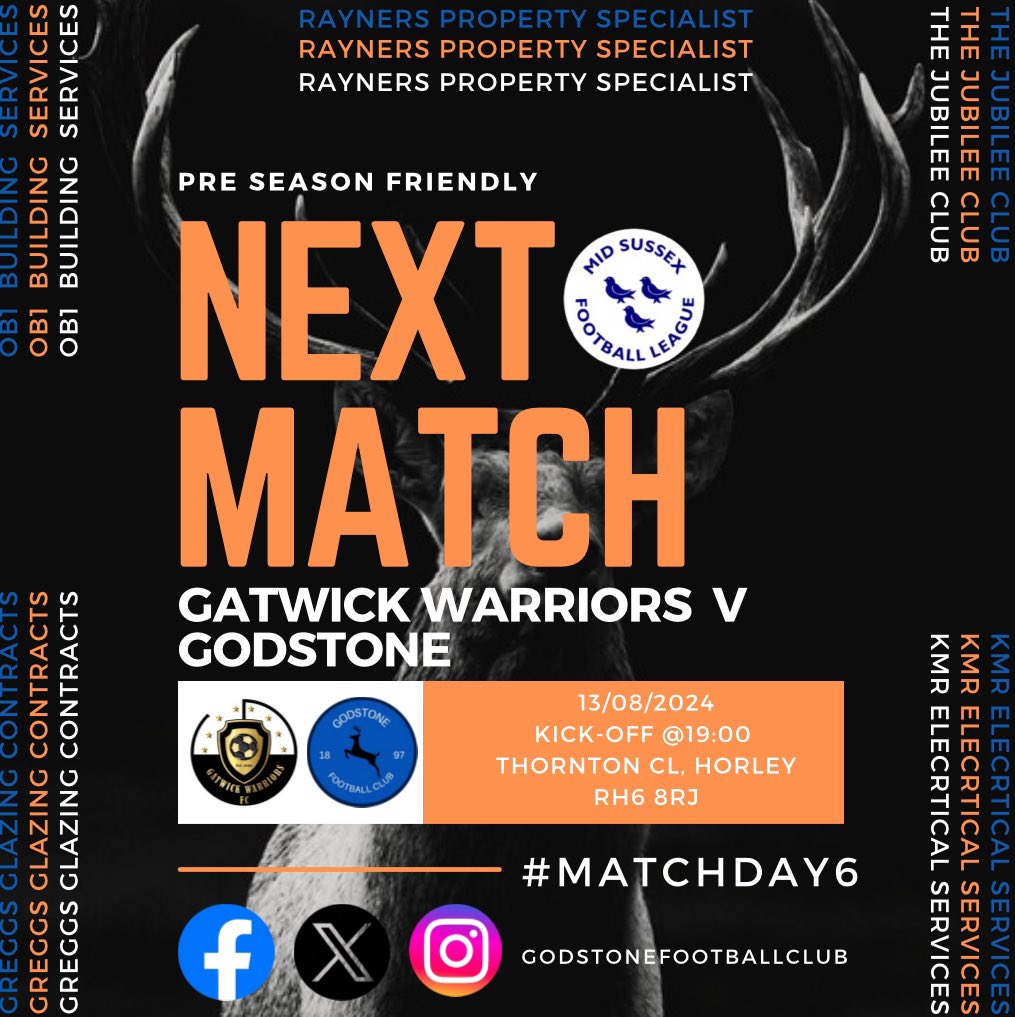 Godstone face new opposition in <a href="/GatwickFC1ST/">GATWICK WARRIORS FC ADULTS TEAM</a> 
A tough challenge in our final fixture of our pre season campaign 🦌💙🖤