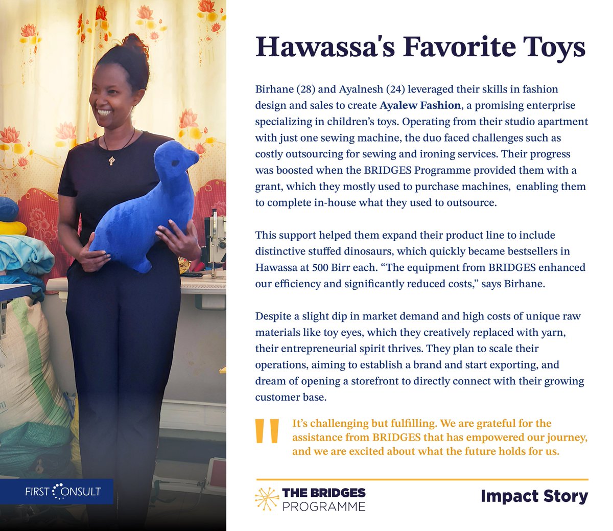 First Consult in collaboration with the <a href="/MastercardFdn/">Mastercard Foundation</a> supported Ayalnesh Fashion through the BRIDGES Programme to bring their idea into business. 

 Read the story behind Ayalew Fashion! 
#FirstConsult #entrepreneurship #womeninbusiness #Ethiopia