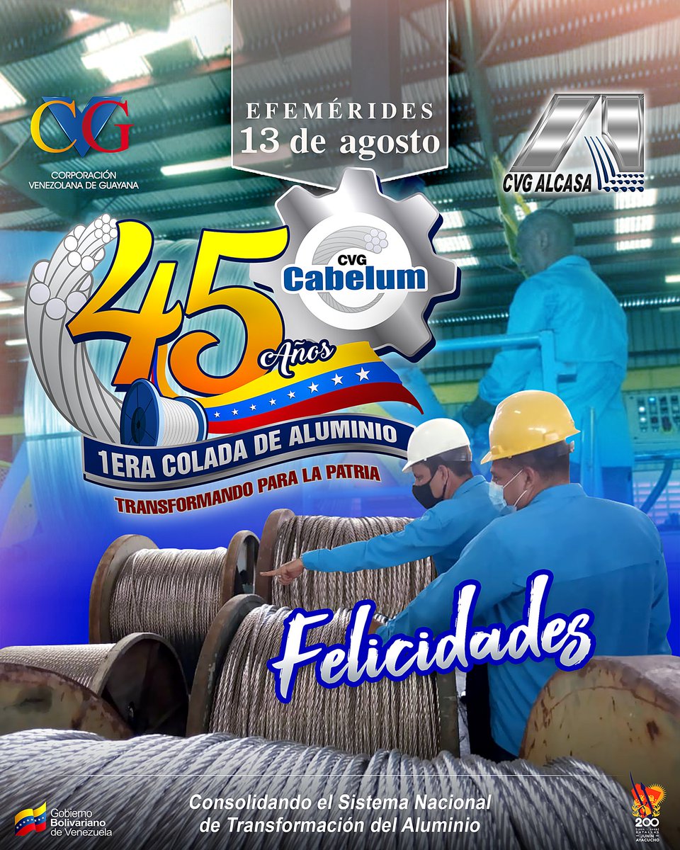 #efeméride 📆||Desde CVG Alcasa felicitamos a los hermanos de la empresa CVG Cabelum, que hoy arriba a su 48 aniversario.

Extendemos el mayor de los abrazos y deseándoles que sigan creciendo y fortaleciendo la producción de la Patria.

¡Felicidades!

@nicolasmaduro
