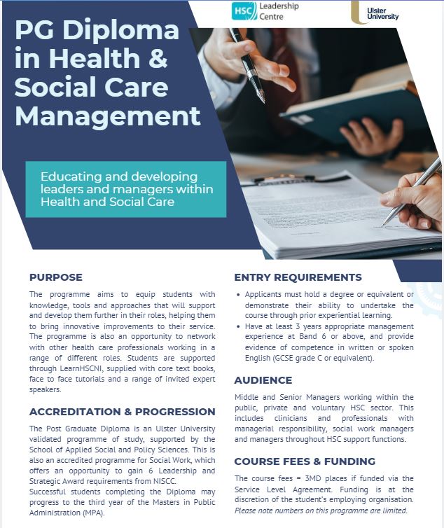 HSC Leadership Centre (@hsc_leadershipc) on Twitter photo Limited places on our PG Diploma in Health & Social Care Management Programme. Register now to avoid disappointment. Contact Siobhan.rice@leadership.hscni.net to hear more. forms.office.com/Pages/DesignPa⊠Limited places on our PG Diploma in Health & Social Care Management Programme. Register now to avoid disappointment. Contact Siobhan.rice@leadership.hscni.net to hear more. forms.office.com/Pages/DesignPaâŠ