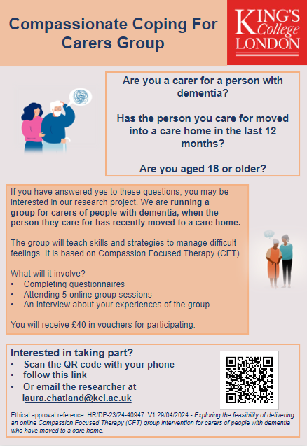 Are you a carer of a person with dementia or know someone who is? I am recruiting carers whose loved one has moved into a care home in the last 12 months for an online therapy group.

Interested? Fill in this form - qualtrics.kcl.ac.uk/jfe/form/SV_bj…

#dementia #carers #carehomes