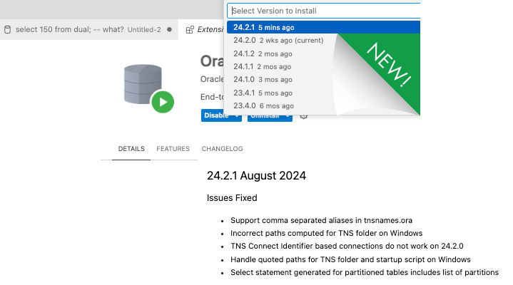 thatjeffsmith's tweet photo. Just loaded an update for @OracleSQLDev extension for @code 

Bug fixes around connections, esp TNSnames.ora https://t.co/B6VzXphxnA