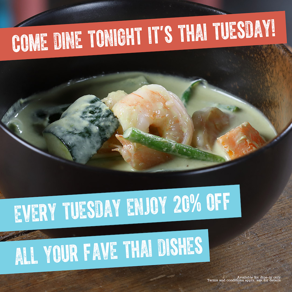 It's Thai Tuesday! Dine with us tonight and there is 20% off all of our dishes from Thailand including our latest dish Pad Ka Prao, Thai Curries and of course Pad Thai Noodles. We open at 5pm see you tonight.