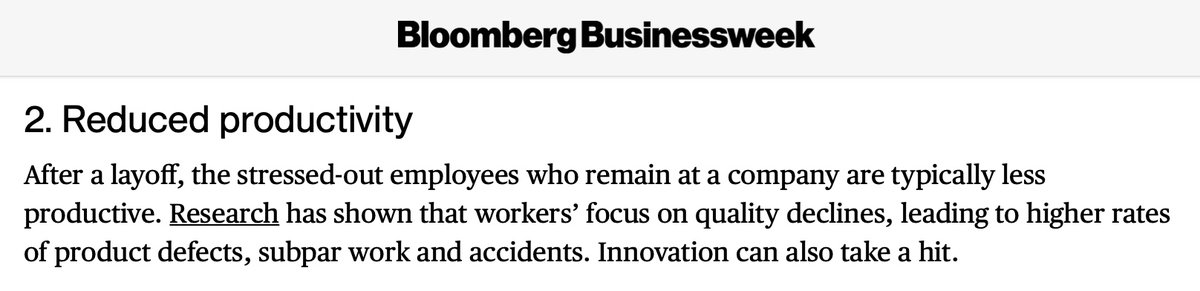 One aspect of layoffs that's not talked about enough:

Decreased morale leading to decreased productivity.

Everyone knows the main point of layoffs is to decrease costs and increase share price/value.

But from the remaining employee's standpoint, they're stressed.

They're