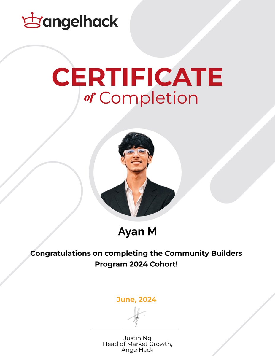 Ayan_M_Dev's tweet photo. This transformative journey equipped me with essential skills in Community Building, Content Strategy, and Developer Relations. Huge thanks to the @AngelHack team for the support!
Here’s to building vibrant tech communities! 🌐💪
#CBP2024 #AngelHack #TechCommunity https://t.co/yH2Bx7taJi