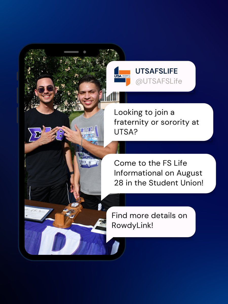 Join us for a Fraternity &amp; Sorority Life Informational on Wednesday, August 28 from 4-6pm in the Retama Auditorium SU 2.02.02 😊

This event is mandatory for organizations and students participating in recruitment this fall. Find event details: bit.ly/3YpYT1r
