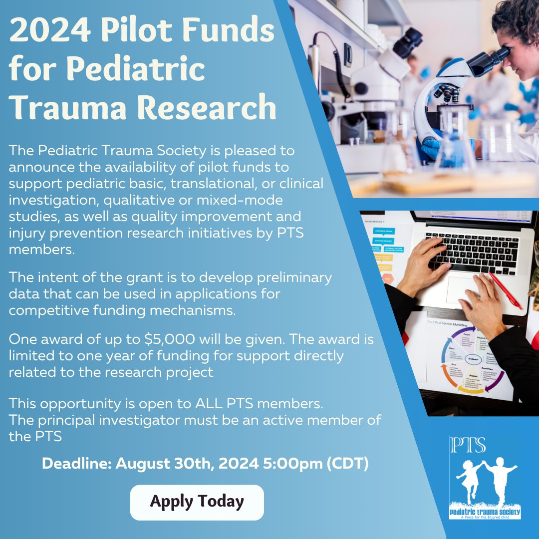 Don't forget to apply for the 2024 PTS Research Grant! All PTS members are eligible to apply!

Deadline: August 30th, 2024

Learn more and apply: pediatrictraumasociety.org/forms/2024/Gra…

#PTS #Pediatrics #PediatricTraumaSociety #Research #ResearchGrant #ApplyNow
