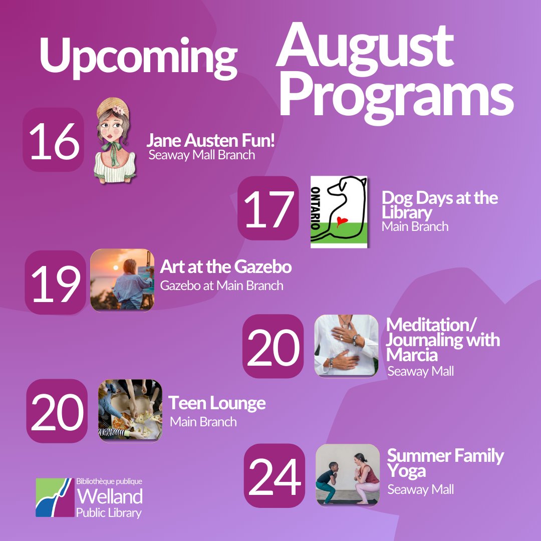 WellandLibrary's tweet image. Save the date! August is packed with programs full of health, dogs, art, and books. Join us to enjoy the one you like the most: wellandlibrary.ca/events-calendar

#WellandLibrary #welland #summer #libraryprograms #family