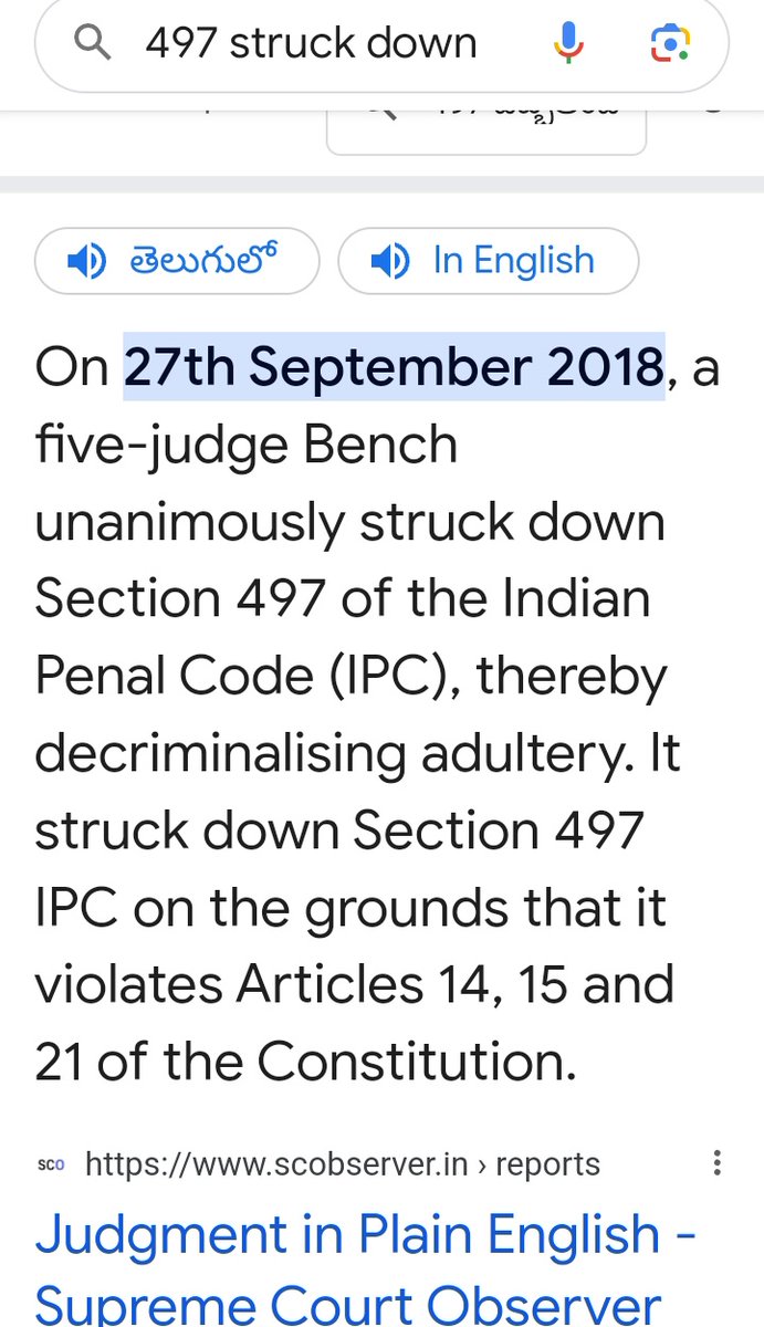 AndhraPradesham's tweet image. 🇮🇳 is no longer a conservative nation
Supreme struck down adultery IPC
#Section497
Chief Justice asserted man is not owner of wife's sexuality

Adultery decriminalised &amp;amp; now it's only a ground 4 divorce

Uninformed folks making Videos &amp;amp; spreading falsities
x.com/ssaratht/statu…