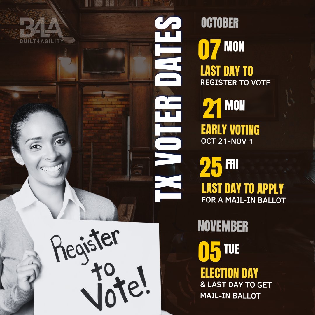 TX Election Dates &amp; Deadlines you don't want to miss!
 #built4agility #actionchangesthings #iambuilt4agility #getoutandvote #vote #election #electorate #voterregistration #votereducation