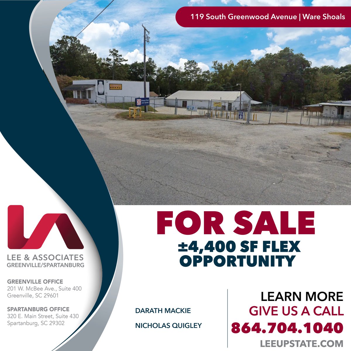 NEW LISTING!
Lee &amp; Associates Greenville / Spartanburg is pleased to present this ±4,400 SF flex opportunity for sale located at 119 S Greenwood Avenue in Ware Shoals, SC. 
Click here to view the property online: 
loom.ly/hgfmIZY
 
#leeassociates #leeupstate