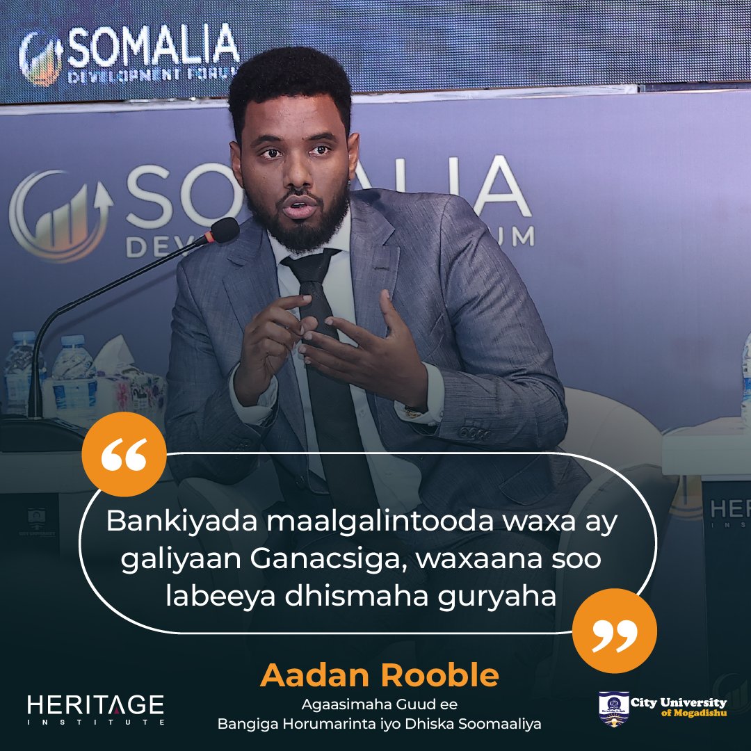 HIPSINSTITUTE's tweet image. &quot;Bankiyada maalgalintooda waxa ay galiyaan Ganacsiga, waxaana soo labeeya dhismaha guryaha.&quot; —Aadan Rooble, Agaasimaha Guud ee Bangiga Horumarinta iyo Dhiska Soomaaliya 

#SDF2024
#SomaliaDevelopment
#PostHipc
#HeritageForum