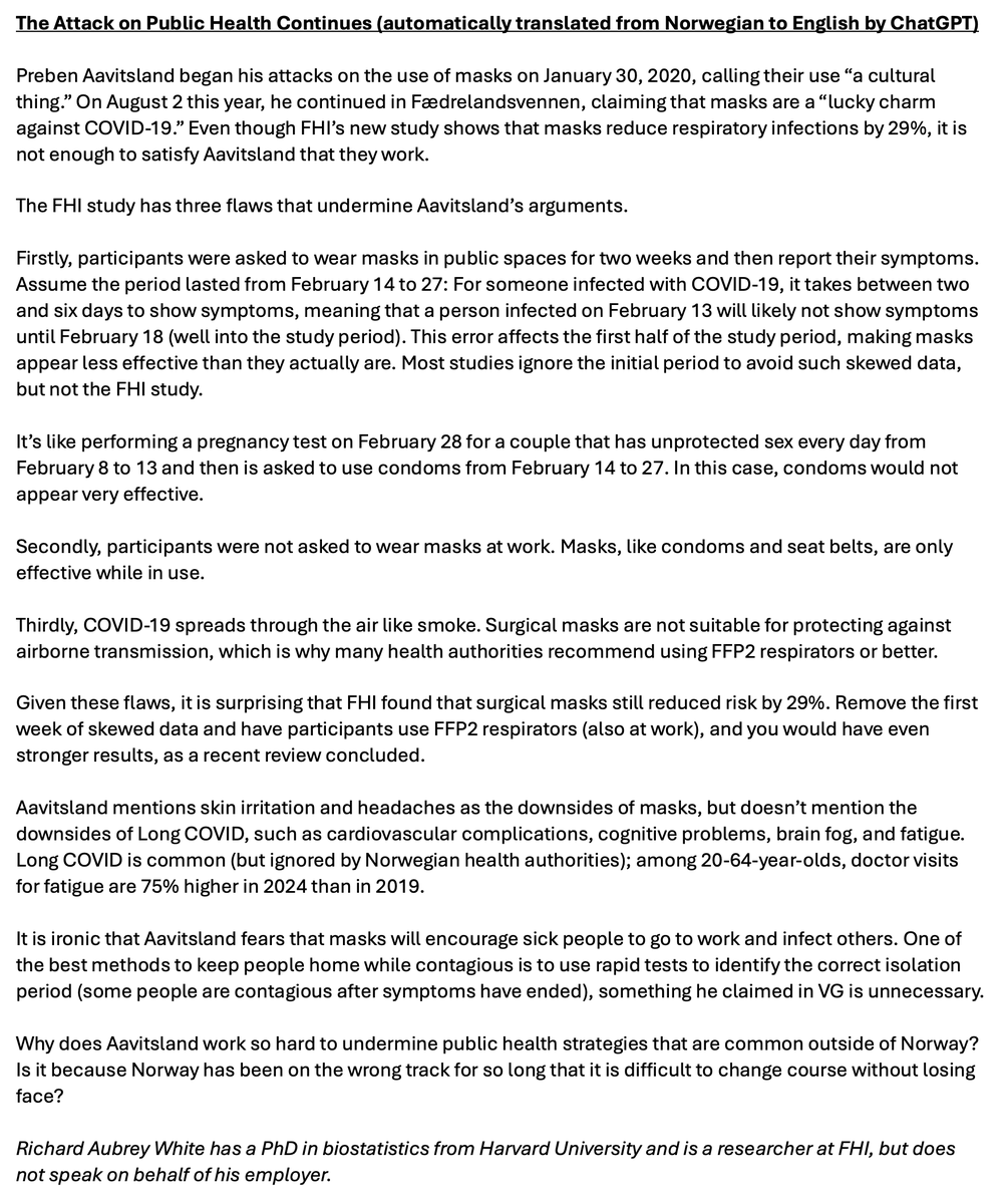 raubreywhite's tweet photo. 🇳🇴I dag skriver jeg i Fædrelandsvennen om angrepet mot folkehelsa i Norge, særlig mht. bruk av munnbind.

🇺🇸I have written an op-ed about the continuing attacks on public health in Norway, especially with regard to masks (English version in picture). 
https://t.co/x13FiQrOqJ https://t.co/QmLV3iZo0K