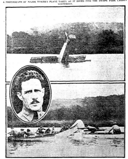 KansasCity100's tweet photo. After a mechanical failure, Major Tinker was forced to crash-land his plane in #SwopePark lagoon. https://t.co/hseHNSw4Rh