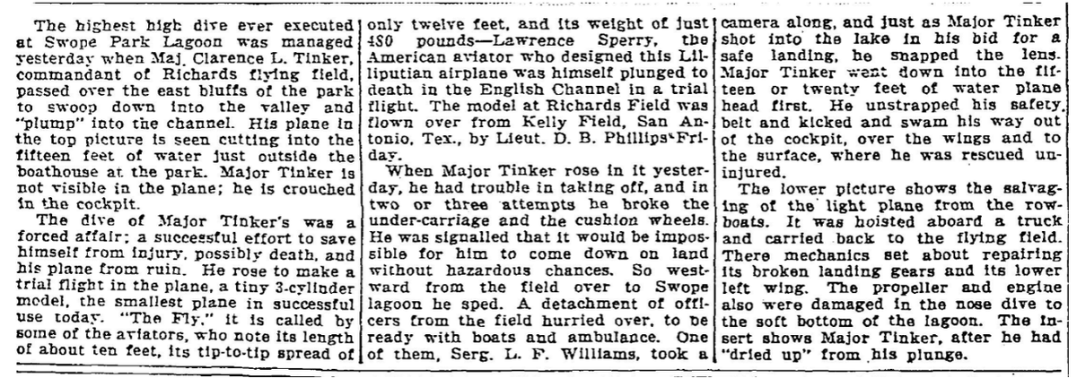 KansasCity100's tweet photo. After a mechanical failure, Major Tinker was forced to crash-land his plane in #SwopePark lagoon. https://t.co/hseHNSw4Rh