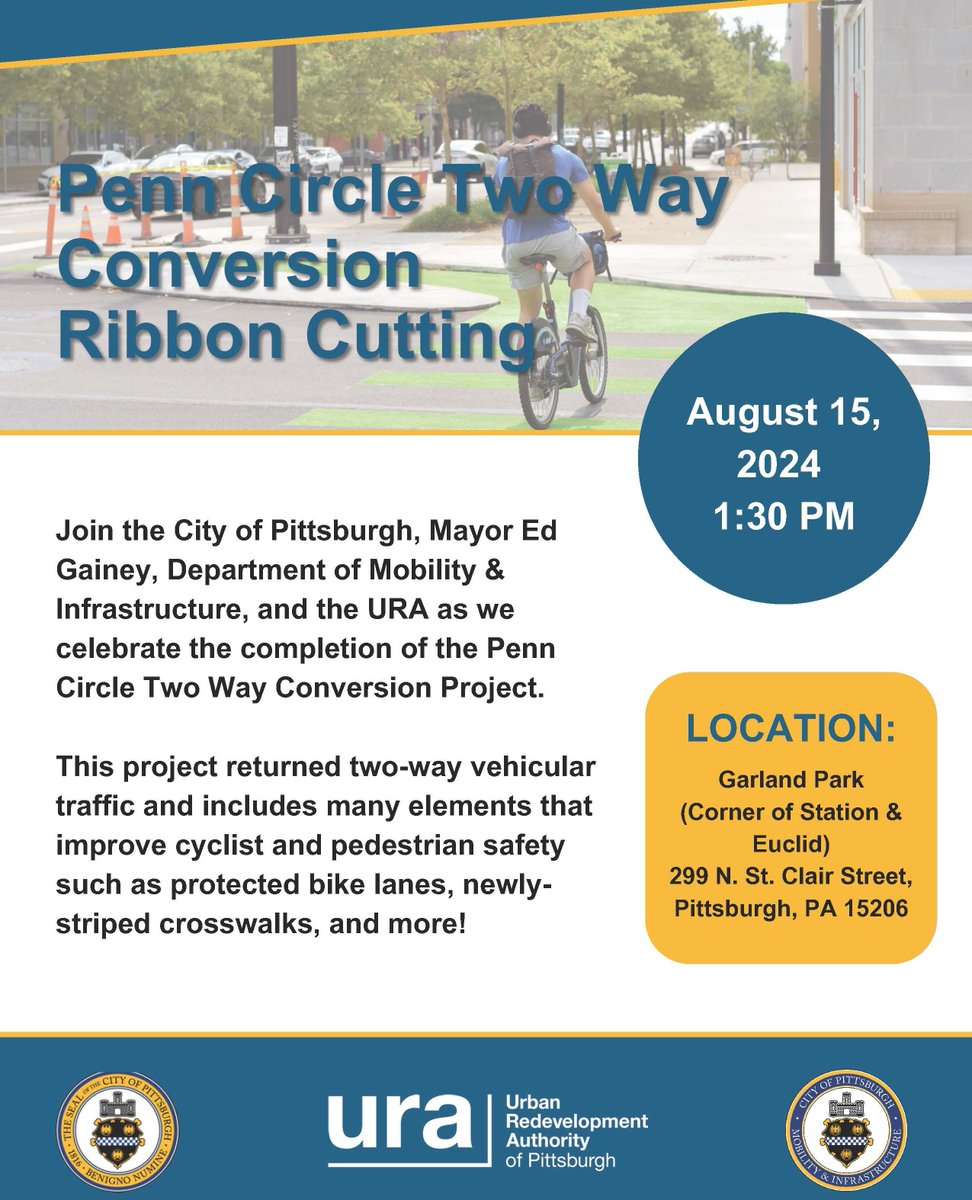 Mark your calendars and join the URA for the ribbon cutting ceremony for the Penn Circle Two Way Conversion on August 15th at 1:30pm!

#ribboncutting #eastliberty #urapittsburgh #urapgh #ura