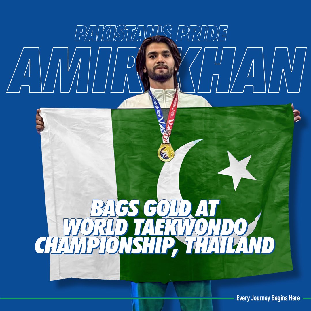 PSOPakistan's tweet image. PSO proudly celebrates Amir Khan, Pakistan's shining star from Swat, on his gold medal win at the World Taekwondo Championship! 

Amidst fierce competition from over 3,000 athletes representing 30 countries, Amir's exceptional skill and determination shone bright.

May his…