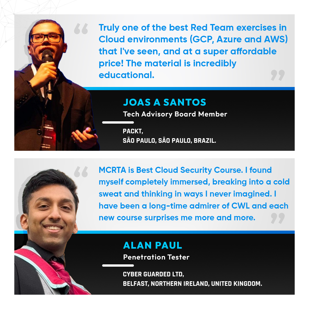 cyberwarfarelab's tweet photo. Become a cloud security expert with our most popular course, Multi-Cloud Red Team Analyst (MCRTA).☁️

➡️ Secure your spot today: https://t.co/HVpgEt74No

#CyberSecurity #CloudSecurity #CloudRedTeam #CWL #BestSellingCourse #MCRTA https://t.co/yMHnRarDI4