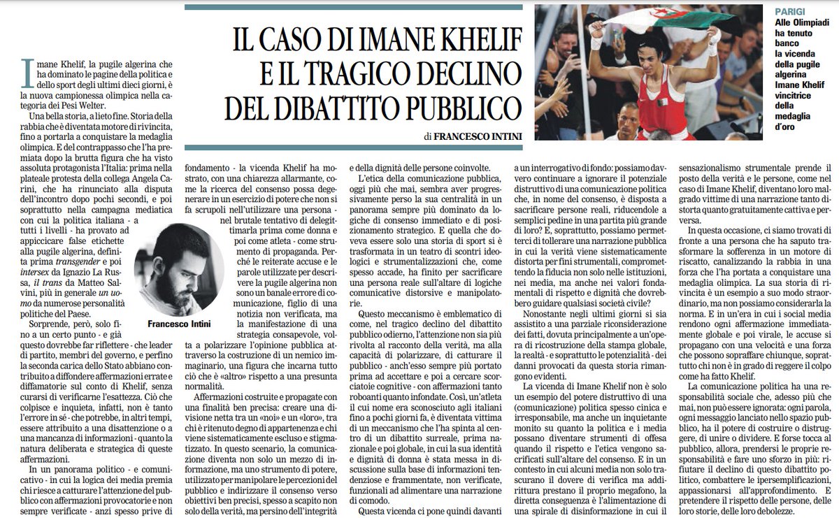 Francesco Intini (@fraintini) on Twitter photo Su <a href="/LaGazzettaWeb/">La Gazzetta del Mezzogiorno</a> per parlare della vicenda più grottesca di questi mesi: da Imane Khelif e l'assurdo - ignobile, pericoloso - dibattito sulla sua sessualità, fino al potenziale distruttivo di una comunicazione politica disposta a sacrificare le persone sull'altare del consenso. Su <a href="/LaGazzettaWeb/">La Gazzetta del Mezzogiorno</a> per parlare della vicenda più grottesca di questi mesi: da Imane Khelif e l'assurdo - ignobile, pericoloso - dibattito sulla sua sessualità, fino al potenziale distruttivo di una comunicazione politica disposta a sacrificare le persone sull'altare del consenso.