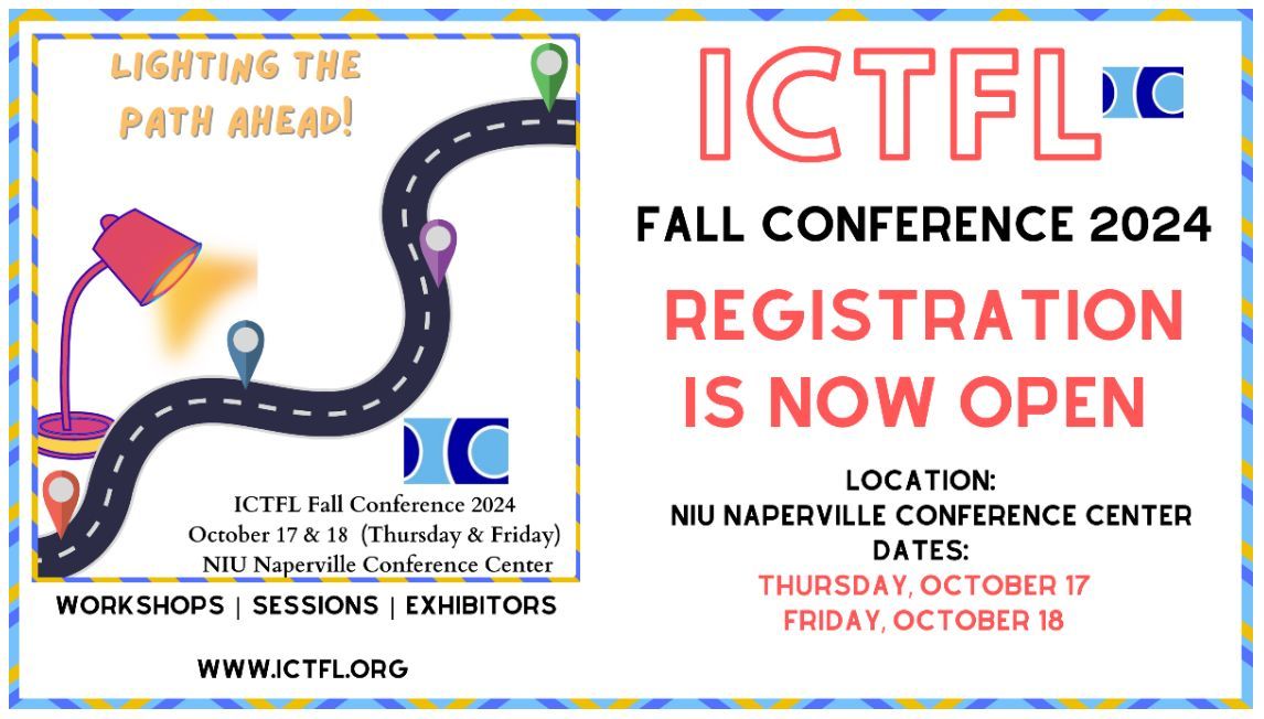 ICTFL's tweet photo. ICTFL's Fall Conference, Oct. 17 &amp; 18, 2024
NIU Naperville Conference Center. Featured Presenter: Carrie Toth
1 Day - $150, 2 Days - $275 with discounts for students, retirees, and presenters!
Online registration is now available at https://t.co/yw2poQIHhF. https://t.co/HcMhIWq6VY