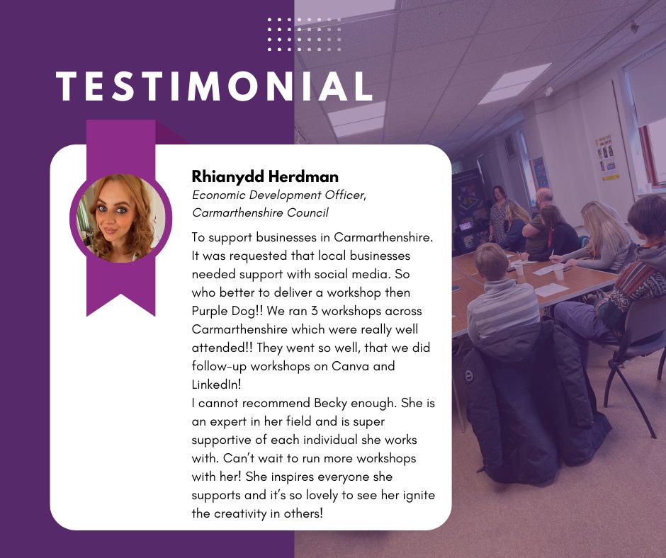 Enjoyed positive feedback from Rhianydd at Carmarthenshire Council about my social media training! Need such help for business groups or teams? Limited slots are available from Sep-Nov. 
Learn more and get in touch purple-dog.co.uk/social-media-t…
#socialmediatrainer #socialmediaspeaker