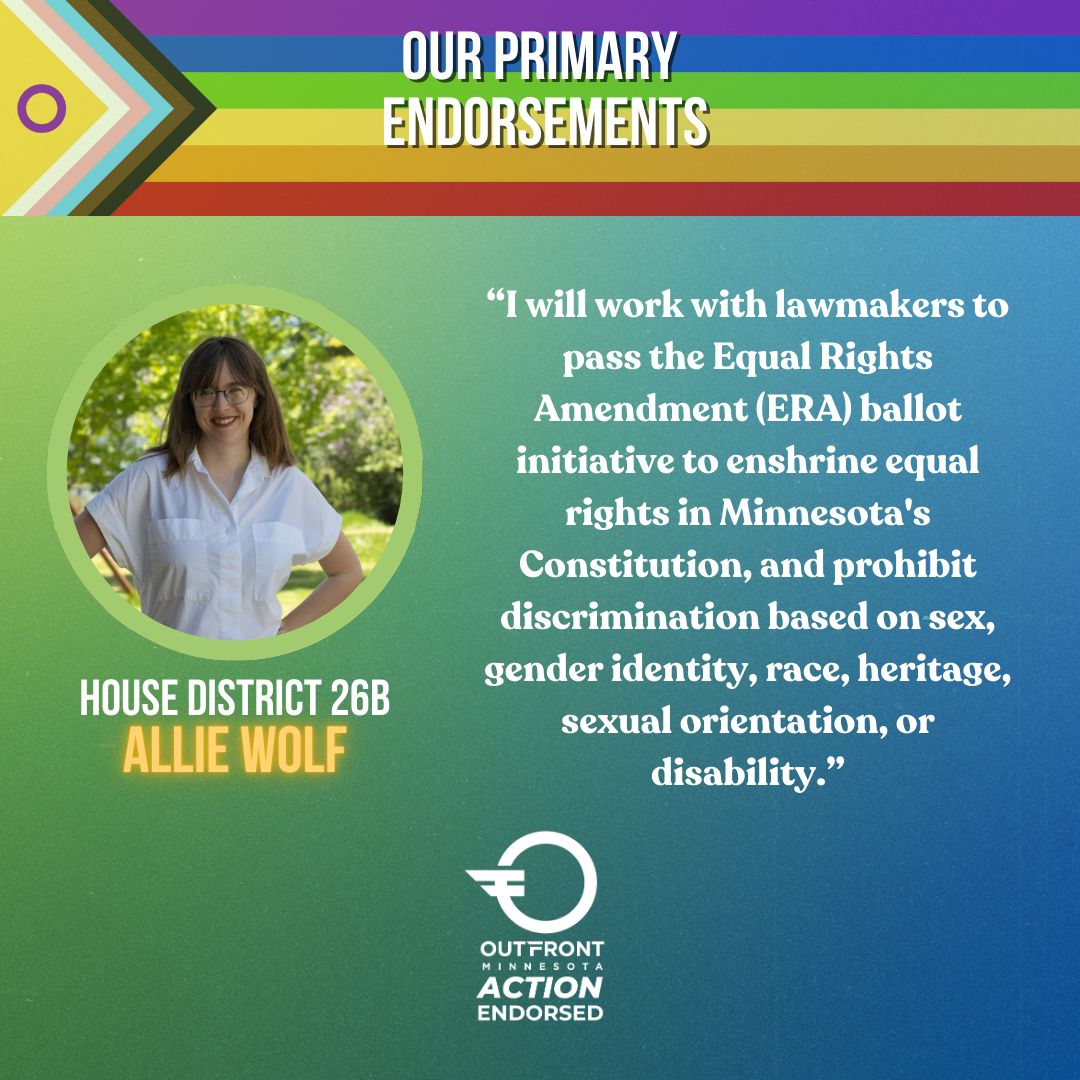 OutFrontPAC's tweet photo. #Vote for #2SLGBTQ champion @Allie4MNHouse in today’s #MNPrimary!
#LGBTQ #MN #MniSota #OutFrontMN #MNLeg #Queer #Politics #MNpolitics #QueerOutTheVote #QOTV #GOTV https://t.co/IOa092oucG