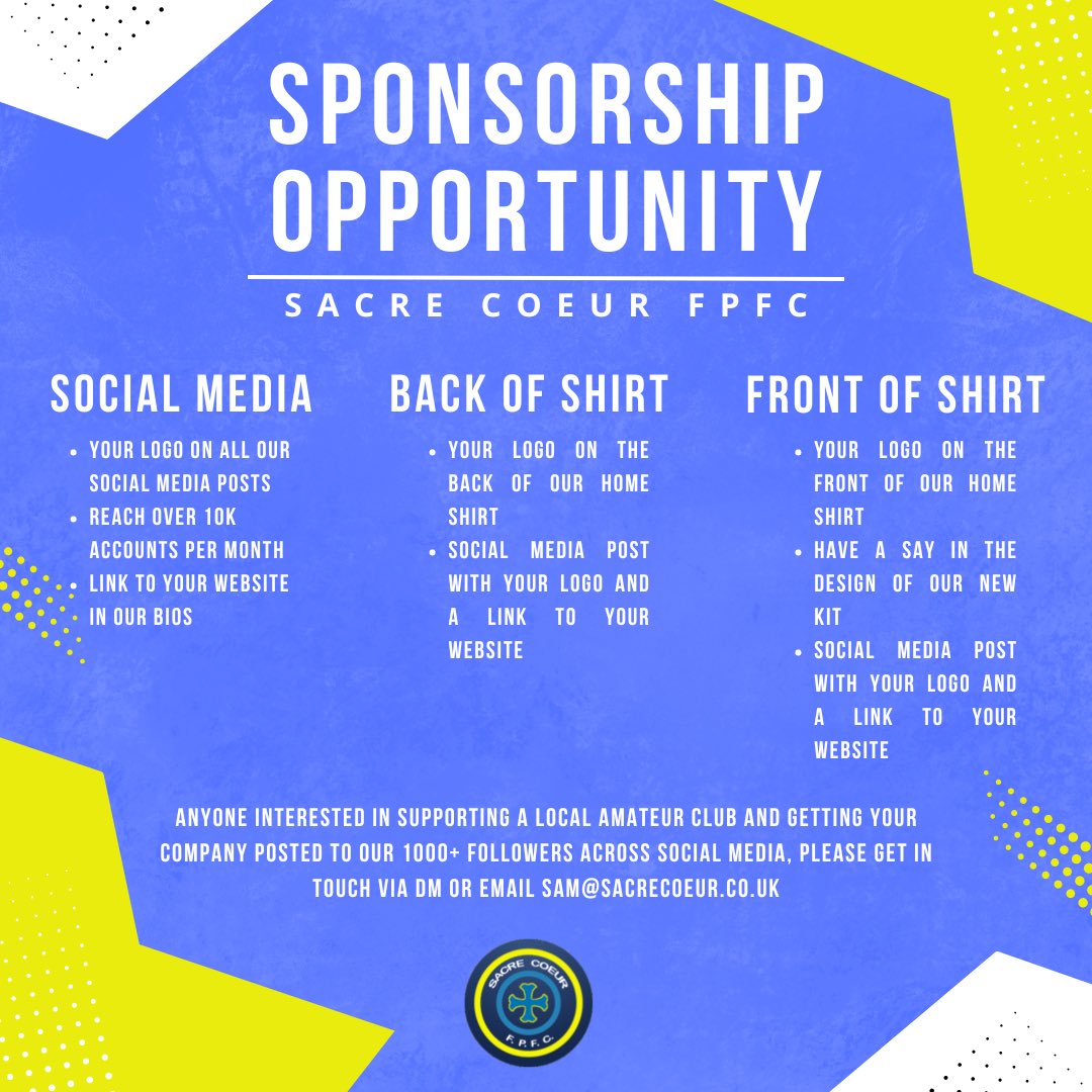 We’re on the lookout for Sponsors for the 2024/25 season! We have 3 packages available for any business looking to sponsor a local amateur team ⚽️

If you’re interested send us a DM or email sam@sacrecoeur.co.uk 📥