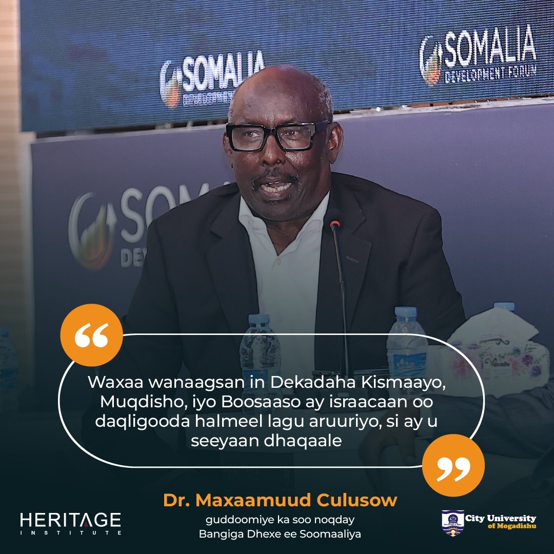 HIPSINSTITUTE's tweet image. &quot;Waxaa wanaagsan in Dekadaha Kismaayo, Muqdisho, iyo Boosaaso ay israacaan oo daqligooda halmeel lagu aruuriyo, si ay u seeyaan dhaqaale.&quot;
—Dr. Maxaamuud Culusow, waxa uu guddoomiye ka soo noqday Bangiga Dhexe ee Soomaaliya 

#SDF2024
#SomaliaDevelopment
#PostHipc
#HeritageForum