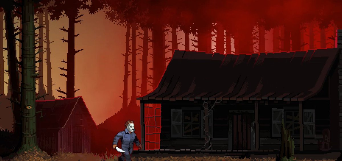 BDisgusting's tweet photo. If you grab both RetroRealms: Halloween & RetroRealms: Ash vs. Evil Dead, you'll be able to crossover the two games and bring Ash into Haddonfield and Michael Myers into the Evil Dead cabin! More info here: https://t.co/rYgbpetMje