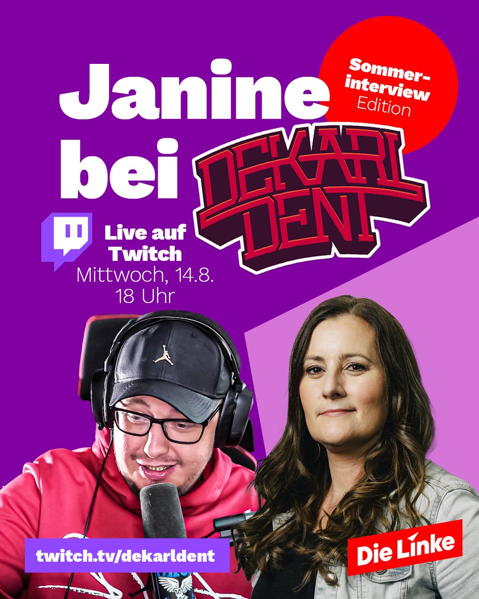 📺 Schaltet ein, wenn Dekarldent Janine Wissler zum Sommerinterview begrüßt! Morgen um 18 Uhr, live auf Twitch! 👉 twitch.tv/dekarldent