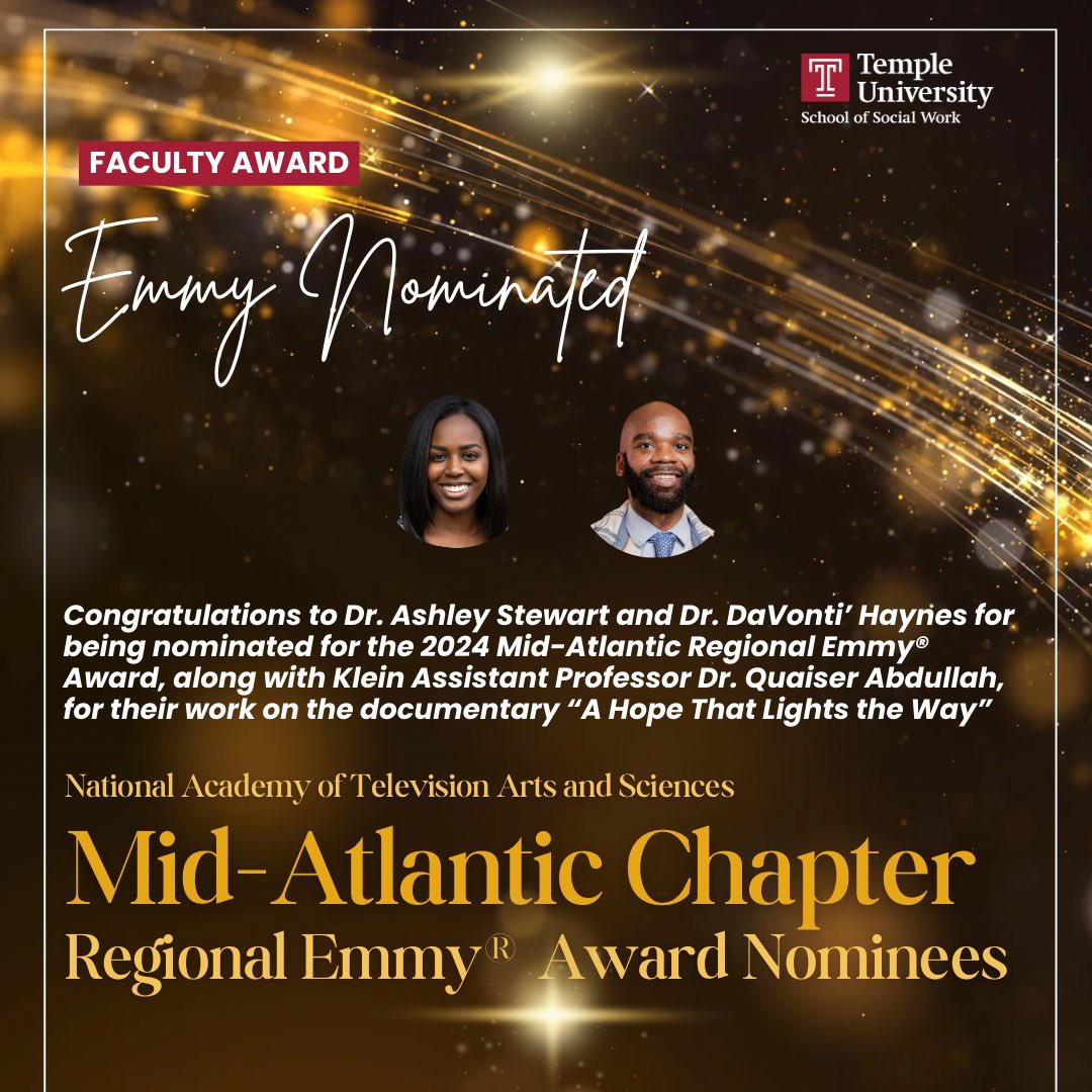 Temple University Social Work (@templessw) on Twitter photo Give a round of 👏 for Dr. Ashley Stewart, Dr. DaVonti’ Haynes & <a href="/TUKleincollege/">Klein College</a>’s Dr. Quaiser Abdullah for being a part of the team nominated for a 2024 Mid-Atlantic Regional Emmy® Award for the documentary “A Hope That Lights The Way” in partnership with <a href="/PhiladelphiaGov/">City of Philadelphia</a> Give a round of 👏 for Dr. Ashley Stewart, Dr. DaVonti’ Haynes & <a href="/TUKleincollege/">Klein College</a>’s Dr. Quaiser Abdullah for being a part of the team nominated for a 2024 Mid-Atlantic Regional Emmy® Award for the documentary “A Hope That Lights The Way” in partnership with <a href="/PhiladelphiaGov/">City of Philadelphia</a>