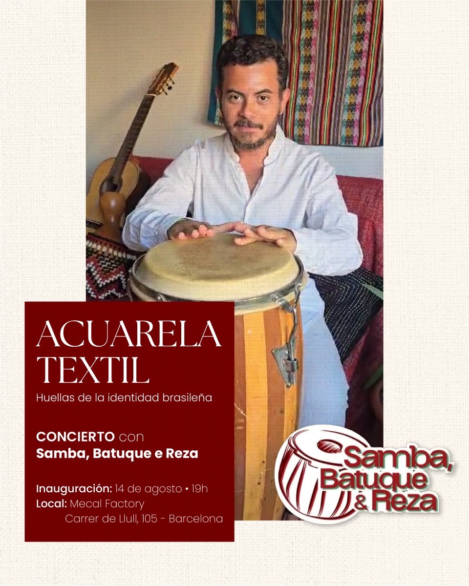 En nuestra inauguración actuará el grupo "Samba, Batuque e Reza". Una oda a la cultura afroamerindia que celebra la música como expresión vital de los rituales, inspirada en el Candomblé y la Umbanda.s 🕒 Inauguración: 19H – 21H // 21H-22H Concierto - (ENTRADA 10€)