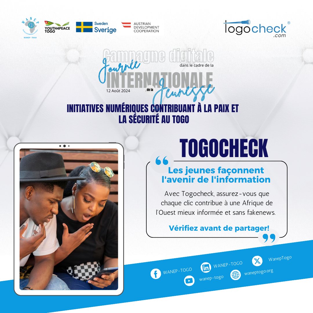 Campagne digitale : les initiatives numériques contribuant à la paix et à la sécurité au Togo

Focus sur TogoCheck
Les Jeunes Togolais Unis Contre la Désinformation avec TogoCheck
Lire plus 👇👇
bit.ly/3YEfCyh
#Togocheck