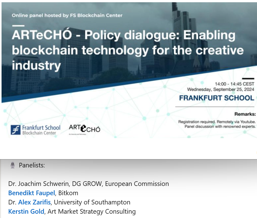 Dr Alex Zarifis will be participating in an online panel about the role of blockchain in the creative industry.
Register for free and discover how blockchain, NFTs, and the Metaverse can revolutionise digital art.
lu.ma/rfw8k638
25 Sept 2024, 14:00–14:45 CEST Online