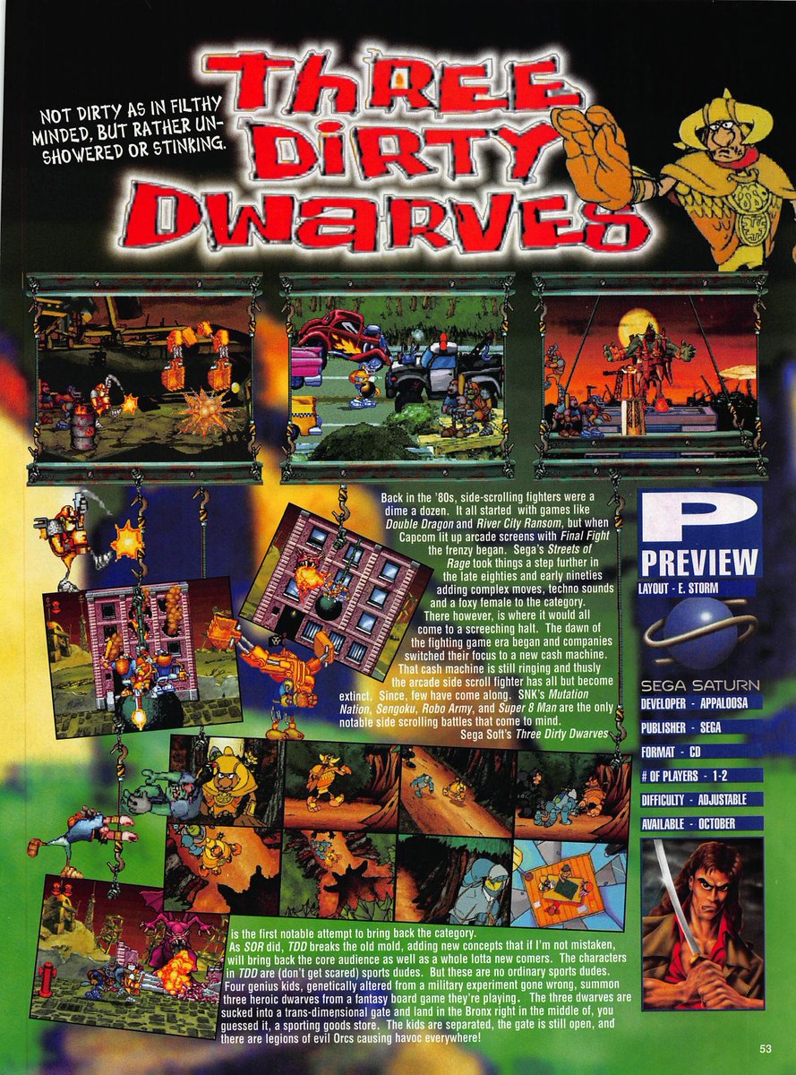 MoonPieDreams's tweet image. Do you like beat 'em ups? Do you like the glory days of MTV? Do you like Appaloosa Interactive (devs behind Ecco the Dolphin; Kolibri)? This is for you!
Three Dirty Dwaves
Sega Saturn - Preview
GameFan Magazine
August '96 
#retrogamer #retogaming #SegaSaturn