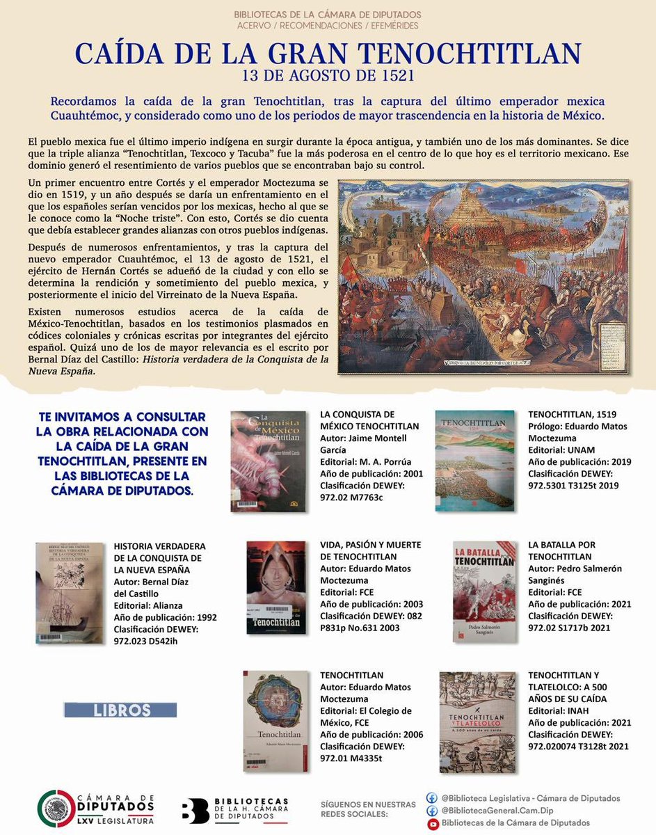 Acervo / Recomendaciones / Efemérides

Recordamos la caída de la gran Tenochtitlan, tras la captura del último emperador mexica Cuauhtémoc, y considerado como uno de los periodos de mayor trascendencia en la historia de México.