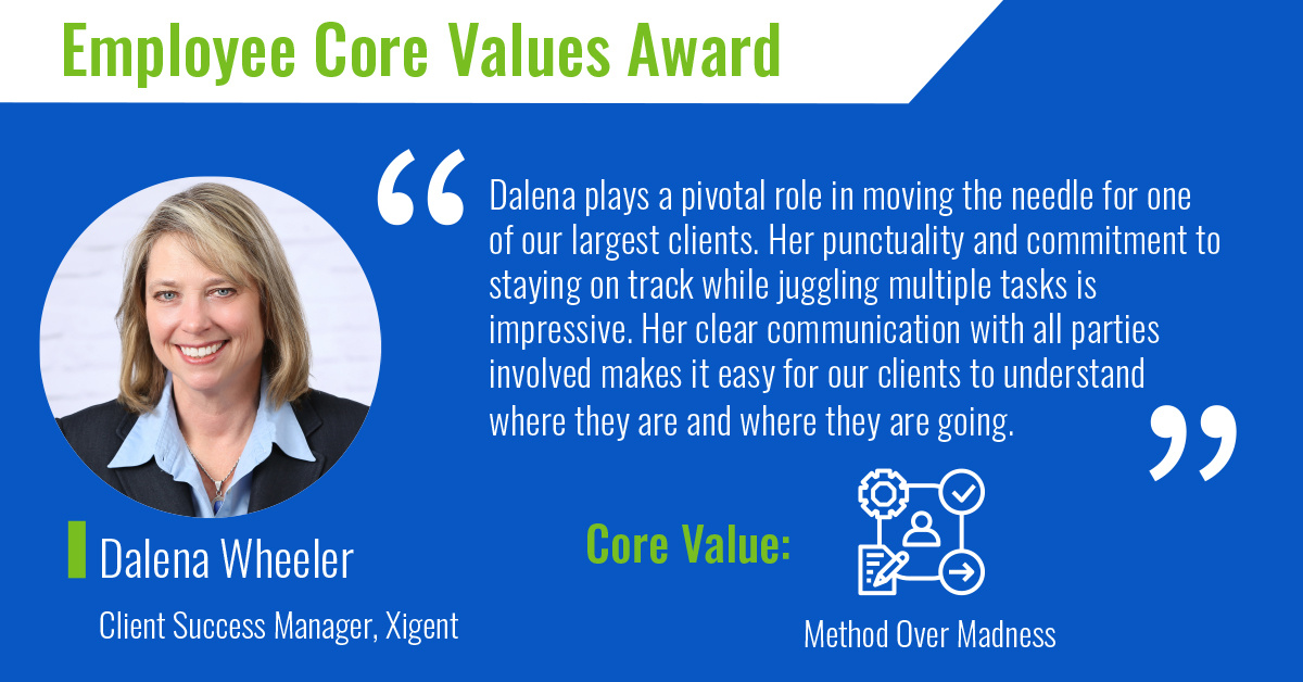 xigentsolutions's tweet image. Xigent's Core Values Award for this month goes to Dalena Wheeler! 🏆

Dalena displayed "Method Over Madness" by operating freely within a culture of discipline.

🔗 For all our Core Values, click here: bit.ly/4dHEedK
#CoreValues #MethodOverMadness