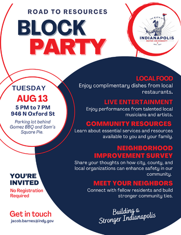 IndyEastPromise's tweet photo. Tonight is the night! Come to the Road to Resources Block Party from City of Indianapolis - Government. Head to 946 Oxford St. between 5 - 7 p.m. and join the fun! 

#learnincommunity #blockparty https://t.co/6f72UaIacZ