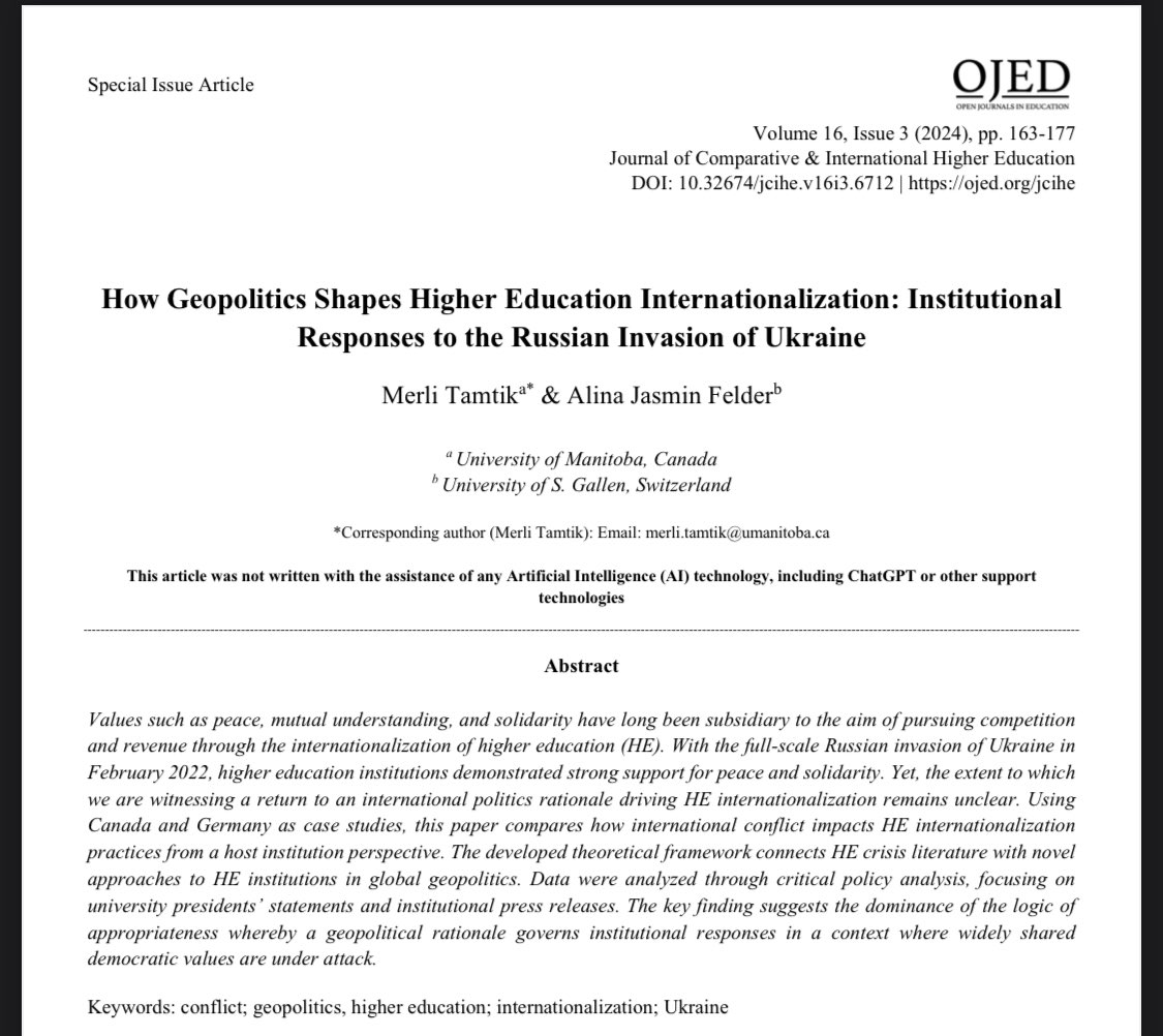 ⏰ Publication alert⏰
@MTamtik and I have embarked on our second paper journey and this is the result:
ojed.org/index.php/jcih…
We analyze HEIs‘ responses to the Russian war in Ukraine by comparing the 🇨🇦&amp; 🇩🇪contexts of HE internationalization.