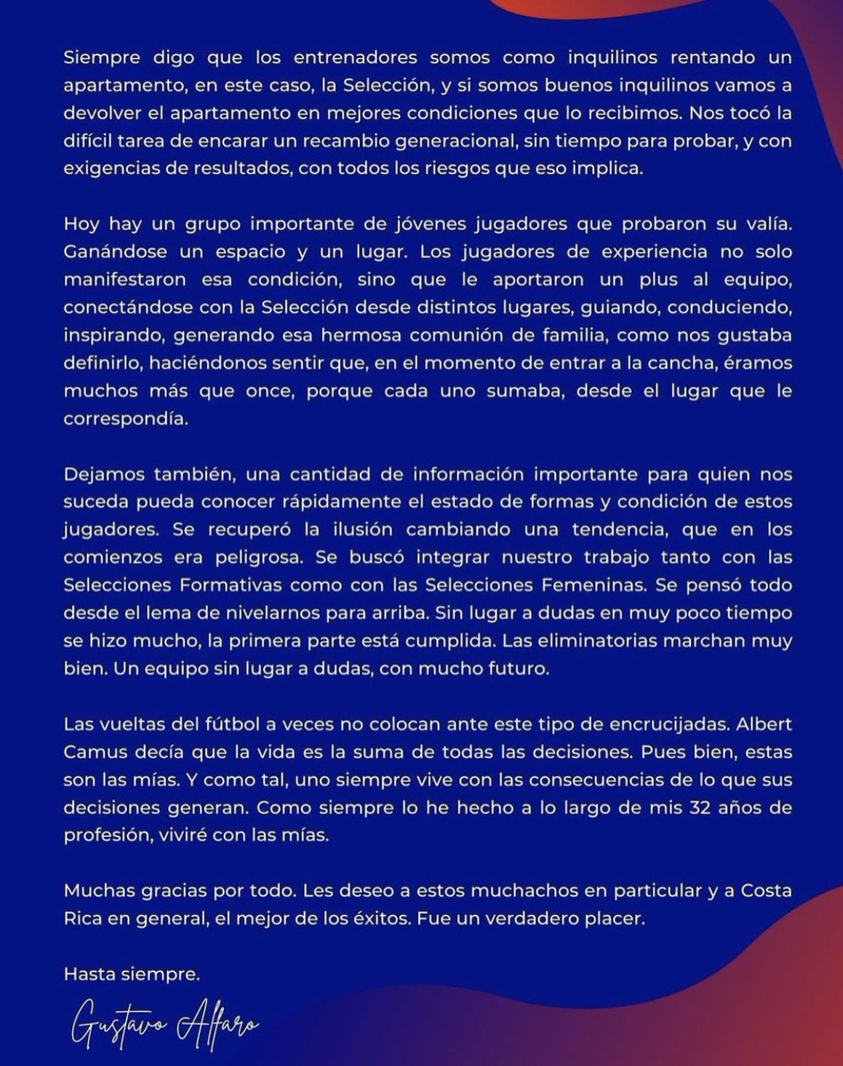 Carta de despedida del técnico Gustavo Alfaro a la Selección Nacional.