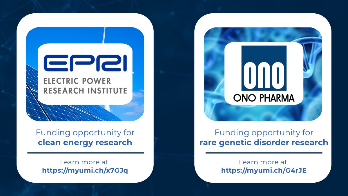 Innovation Partnerships (@innovpartner) on Twitter photo Ono Pharma and the Electric Power Research Institute (EPRI) have ongoing RFPs for clean energy research or rare genetic disorders, respectively. <a href="/UMich/">University of Michigan</a> innovators conducting related research are encouraged to apply!
EPRI: myumi.ch/x7GJq
Ono: myumi.ch/G4rJE Ono Pharma and the Electric Power Research Institute (EPRI) have ongoing RFPs for clean energy research or rare genetic disorders, respectively. <a href="/UMich/">University of Michigan</a> innovators conducting related research are encouraged to apply!
EPRI: myumi.ch/x7GJq
Ono: myumi.ch/G4rJE