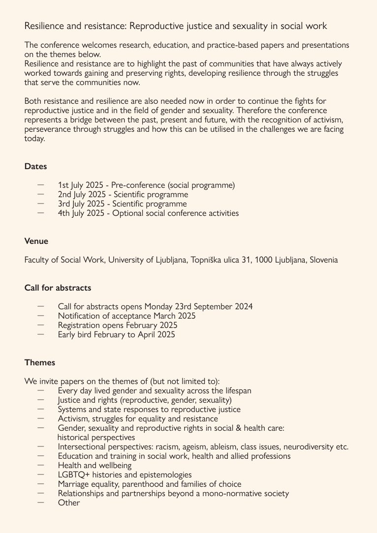 📣 SaveTheDates: 6th International Sexuality &amp; Social Work Conference Resilience and resistance:  Reproductive justice and sexuality in social work - sexualityandsocialwork.com/conference #SWSexuality25