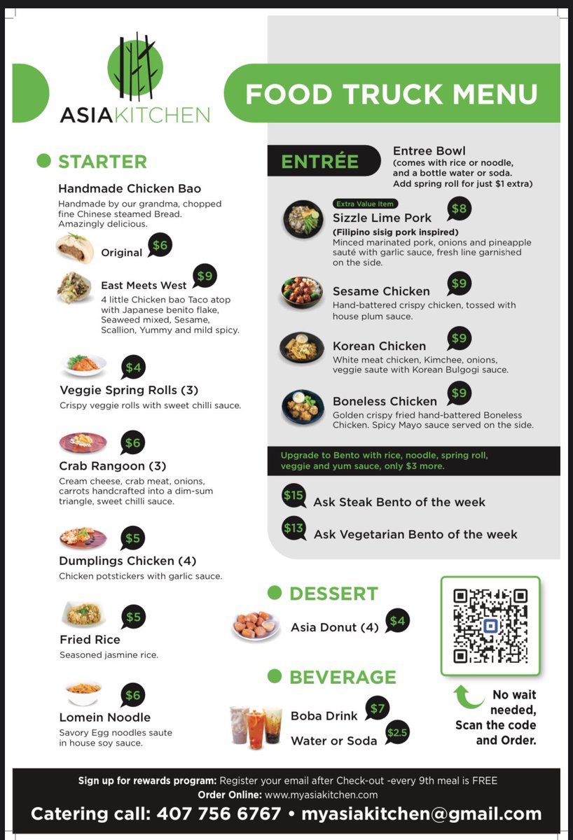 Asia Kitchen updated menu. 
August food truck time #fullsail Monday—Thursday 11:30-1:30. 
Order online through QR code