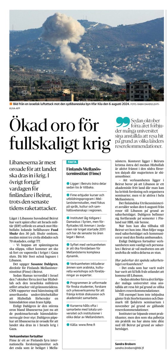 ”Vi hoppas att spänningarna ska släppa, vilket kommer att ske så fort en vapenvila i kriget i Gaza sluts. Då blir livet också lugnare i Libanon”, säger FIMEs direktör Susanne Dahlgren. Dahlgren kommenterade den åtstramande situationen i Libanon i HBL. hbl.fi/2024-08-09/oka…