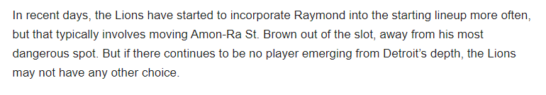 From <a href="/DetroitOnLion/">Jeremy Reisman</a> :

<a href="/daverichard/">#AskFFT</a> <a href="/DrewDavenportFF/">Drew Davenport</a> Pay attention to this.  Lions WR situation could drastically impact Amon-Ra's production if he has to move to the X where he's not as effective