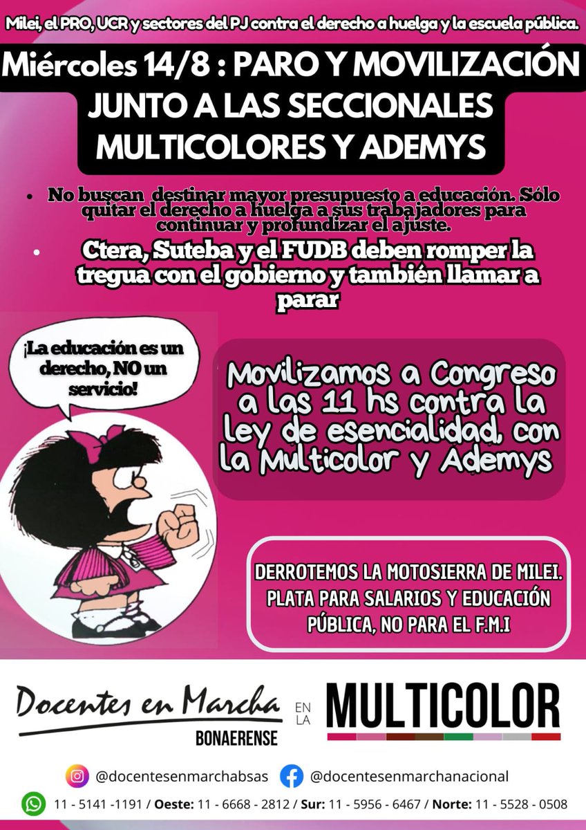 ❌ Milei, el PRO, UCR y sectores del PJ contra el derecho a huelga y la escuela pública

💪🏽 PARO Y MOVILIZACIÓN ESTE MIÉRCOLES 14/08 JUNTO A SECCIONALES DE LA MULTICOLOR, ADEMYS y otras provincias. Contra la esencialidad y en defensa de la escuela pública

instagram.com/p/C-m2DK4pe8d/…