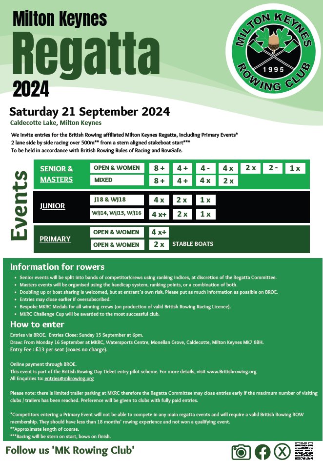 MiltonKeynesRC's tweet photo. Announcing that entries for Milton Keynes Regatta 2024 are now open!   Our regatta offers side-by-side racing over 500m on a beautiful lake  with easy access from the M1.
Many of you have joined us in previous years to make this a very  friendly and relaxed yet competitive event https://t.co/RT3v04YqBl