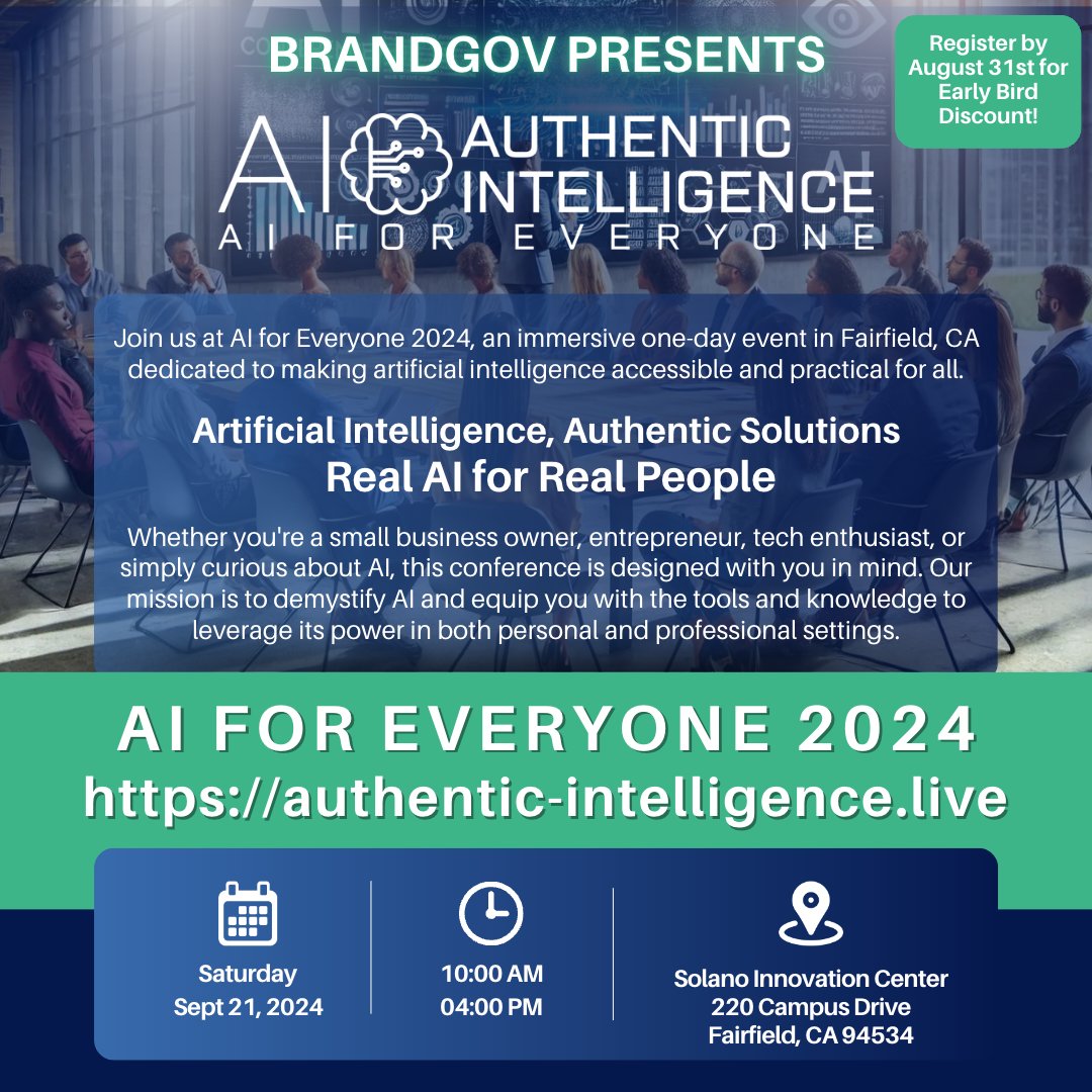 BrandGOV's tweet photo. Don’t miss AI for Everyone 2024! Register by August 31 for Early Bird tickets - $30. Whether you’re a small business owner, job seeker, or just curious about AI, this conference is for you! Register now: https://t.co/1FqWwB37jd 
#AIforEveryone2024  #AutheticIntelligence https://t.co/6455sFC7my