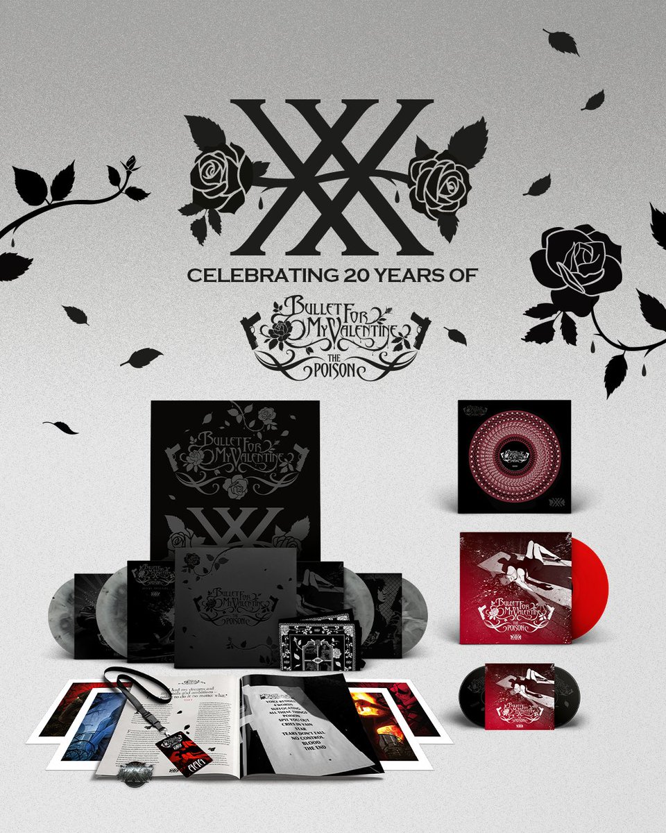 bfmvofficial's tweet photo. 20 years of The Poison – vinyl boxset available for pre-order now. Includes 4 vinyl, several merch items and a book detailing the band’s 25 year+ history. Standard vinyl and CD also available.

Out Nov 29th - https://t.co/xnoSWAUYEf

#bulletformyvalentine #bfmv #thepoisonxx https://t.co/fIKLwp5jxG