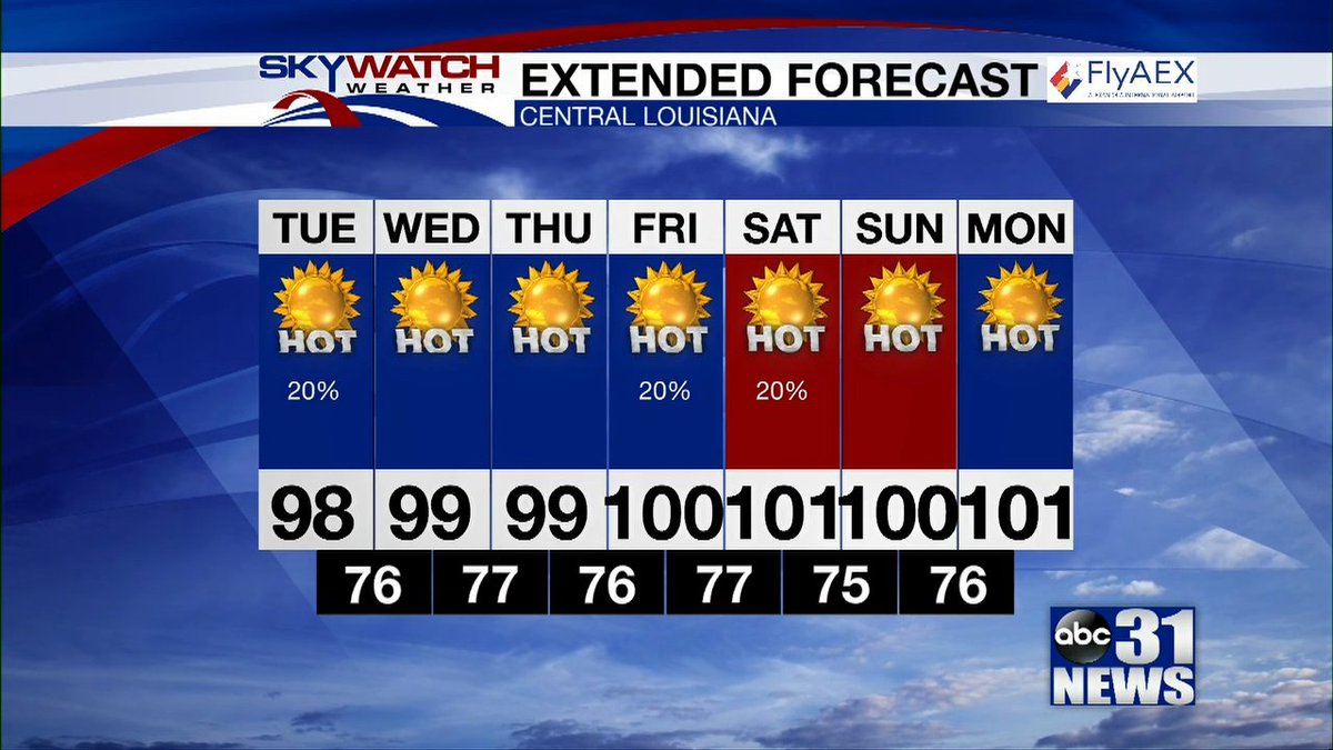 Today - A slight chance of showers before 3pm, then a slight chance of showers and thunderstorms between 3pm and 4pm, then a slight chance of showers after 4pm. Sunny and hot, with a high near 97. Heat index values as high as 107. Calm wind. Chance of precipitation is 20%.